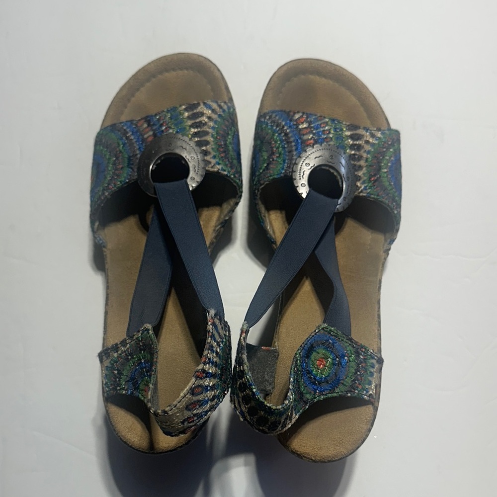 Rieker Roberta Peacock Colorful heeled wedge Sandals metallic ring elastic strap